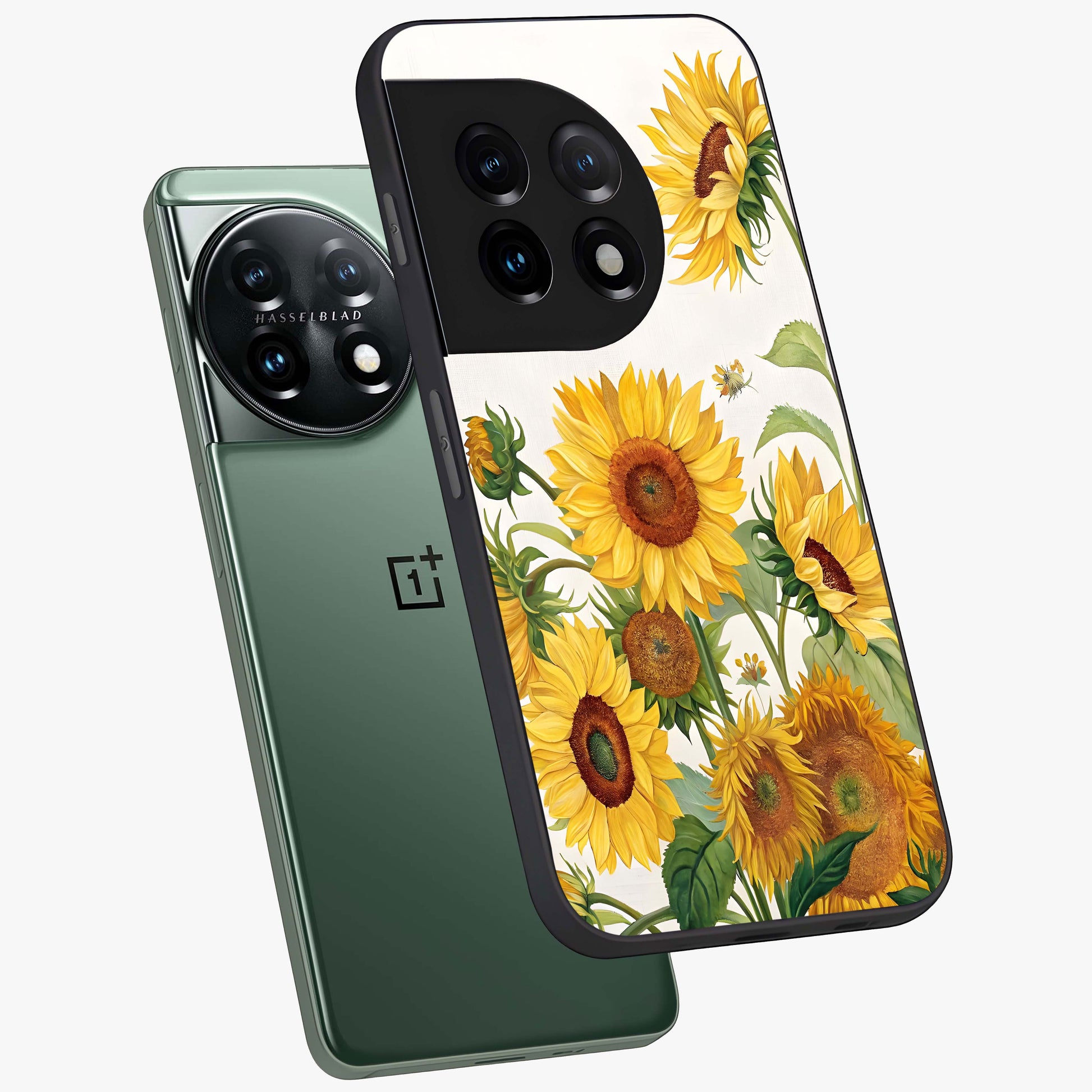 Golden Bloom Night Glass Case for 1+11 angled mockup showcasing glossy glass finish and rich night tones