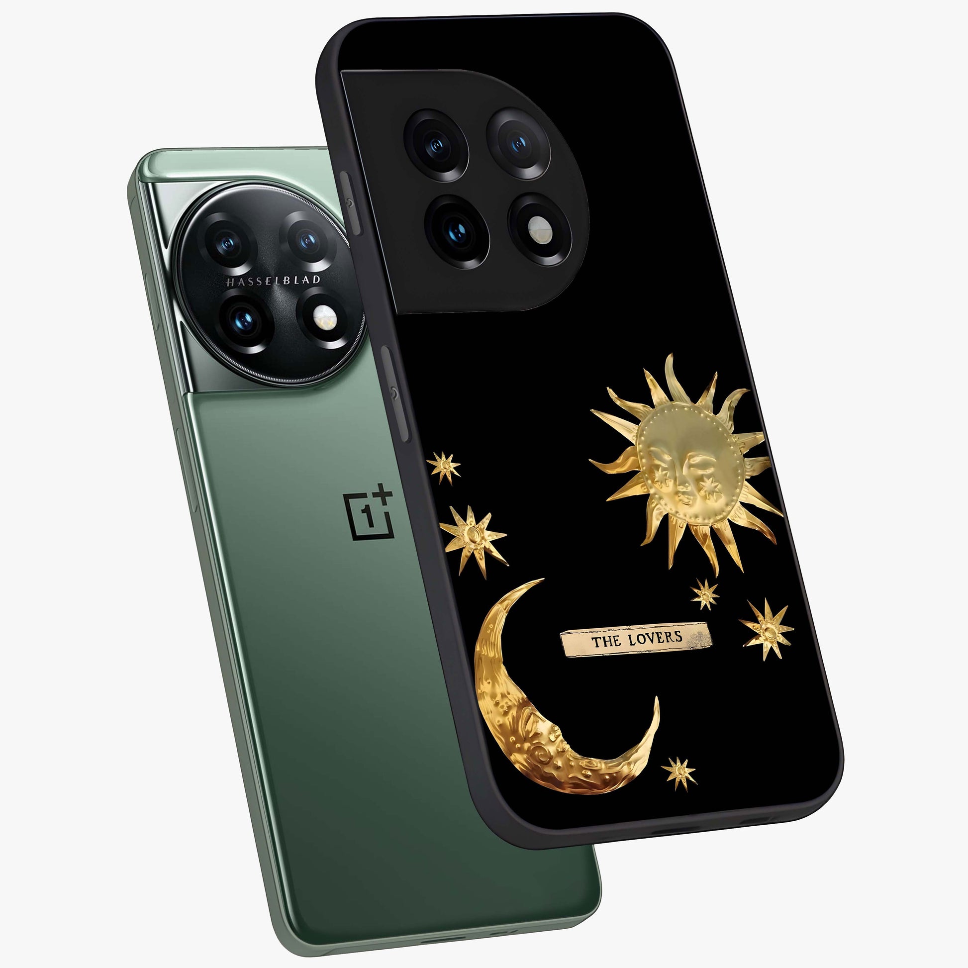 Golden Crescent Mood Glass Case for 1+11 angled mockup showcasing glossy finish and subtle night gradients