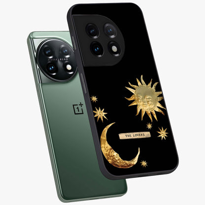Golden Crescent Mood Glass Case for 1+11 angled mockup showcasing glossy finish and subtle night gradients