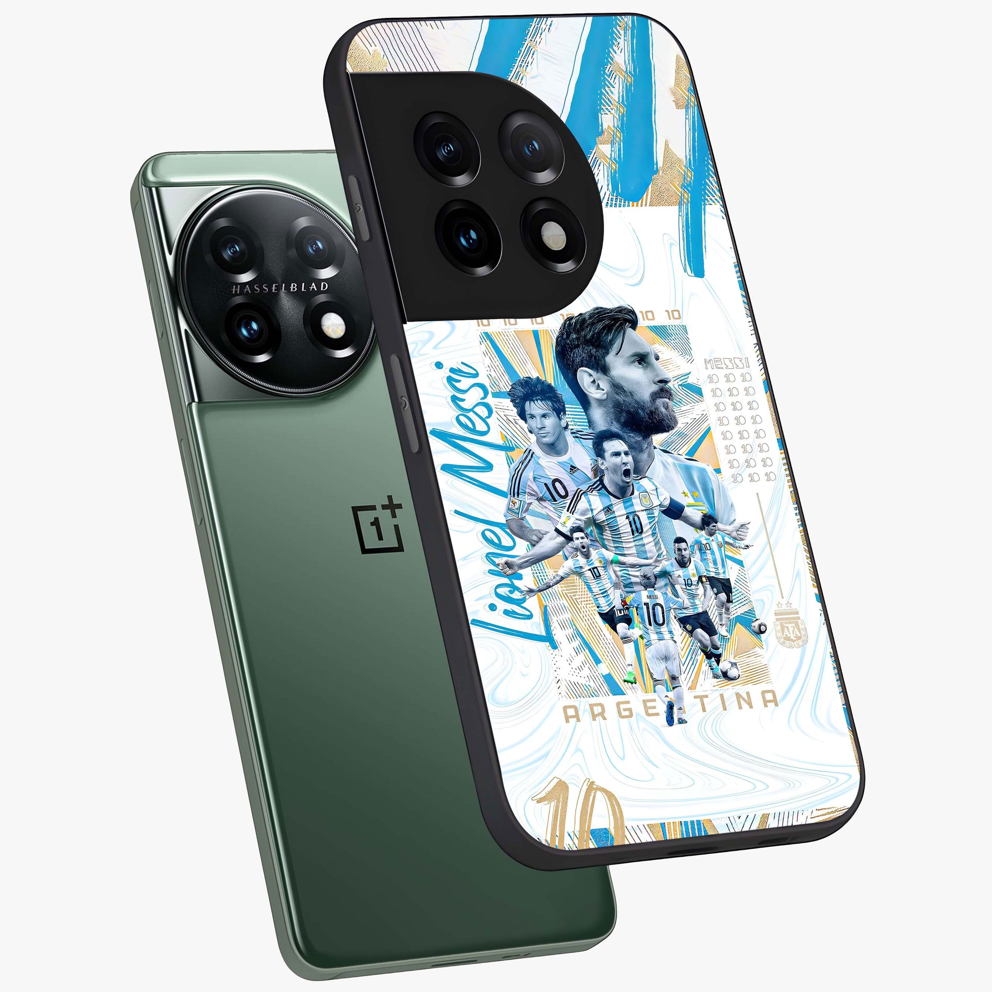 Golden Shadow Commander Glass Case for 1+11 angled mockup showcasing glossy finish and bold golden accents