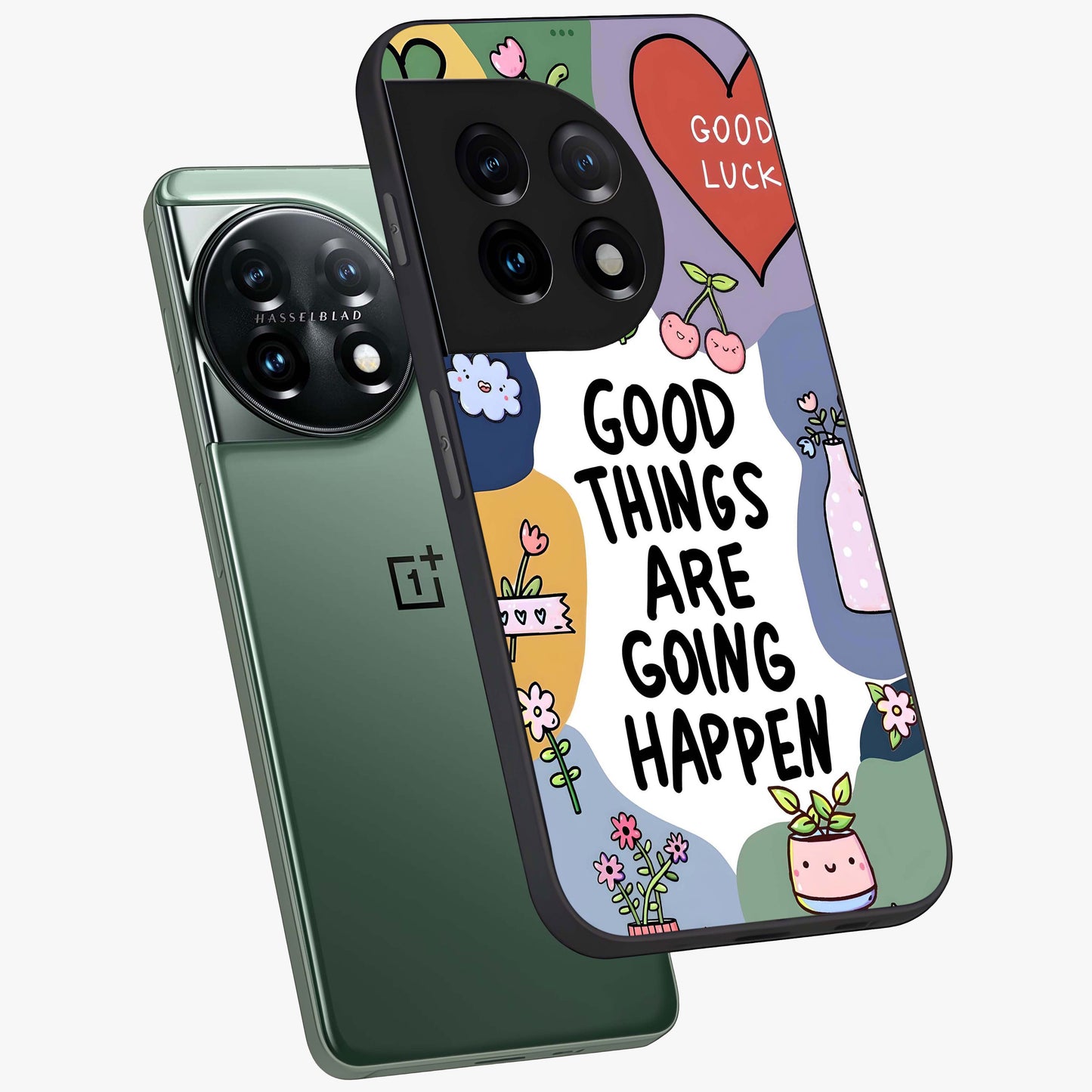 Good Thing Quote Glass Case for 1+11 angled mockup showcasing glossy finish and clean modern design