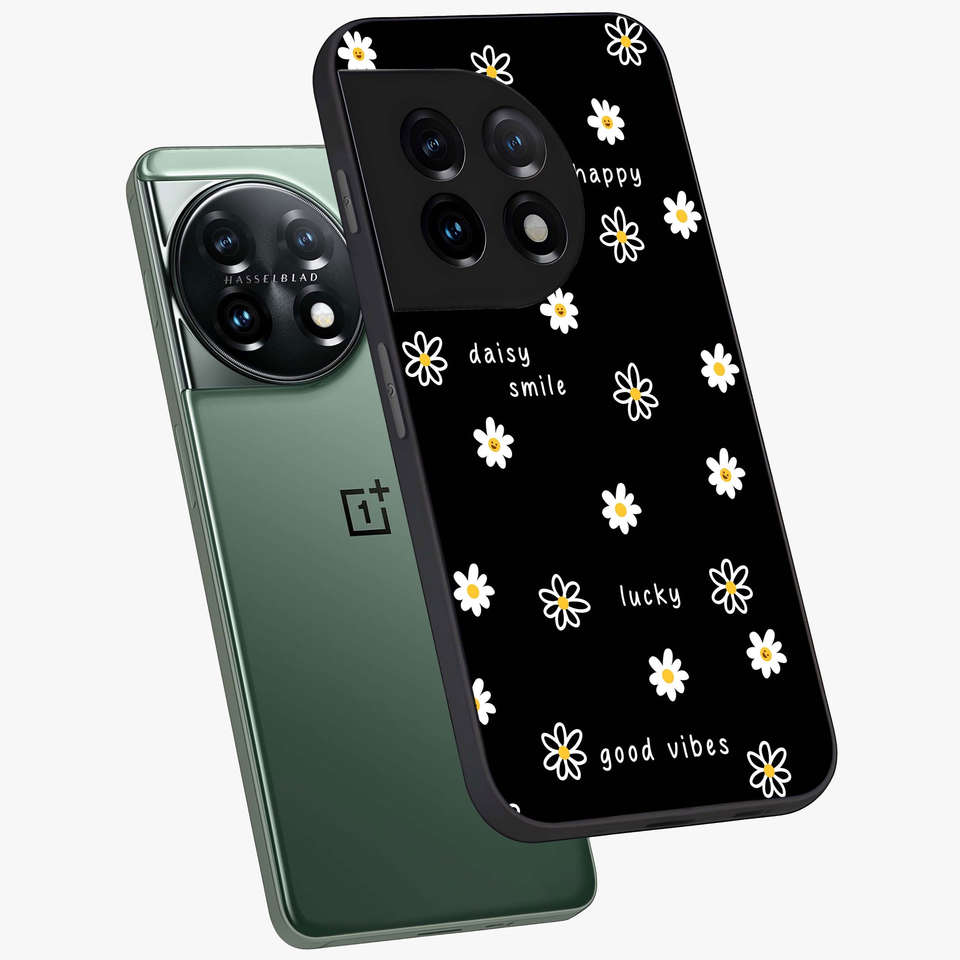 Good Vibes Daisy Black Pattern Glass Case for 1+11 angled mockup showcasing glossy finish and bold floral contrast