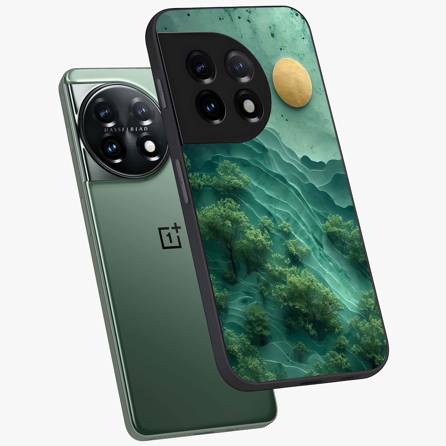 Green Hills With Sun Glass Case for 1+11 angled mockup showcasing glossy finish and natural gradient tones