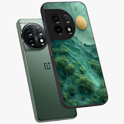 Green Hills With Sun Glass Case for 1+11 angled mockup showcasing glossy finish and natural gradient tones