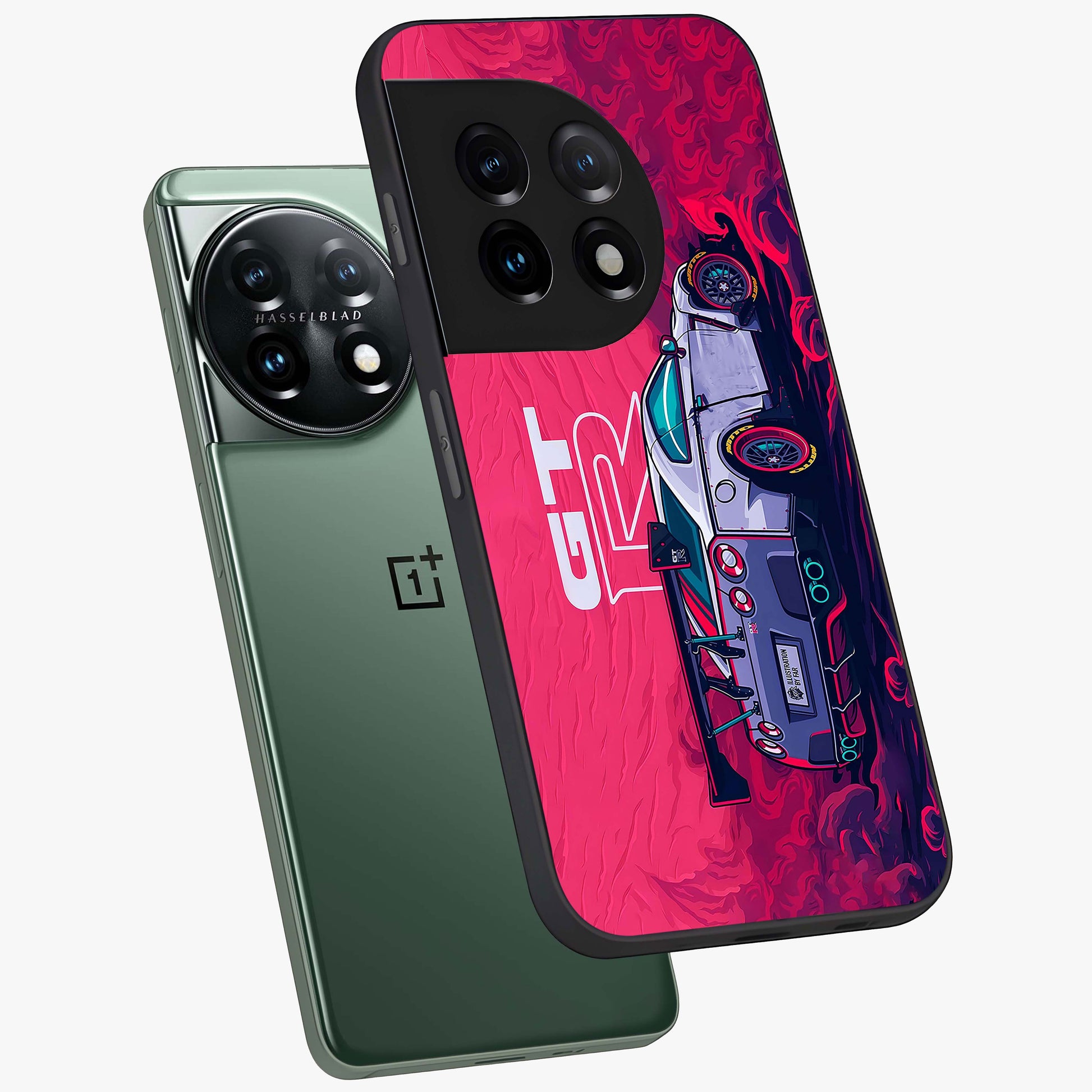 Gt R Car Pattern Glass Case for 1+11 angled mockup showcasing glossy finish and sporty detailing
