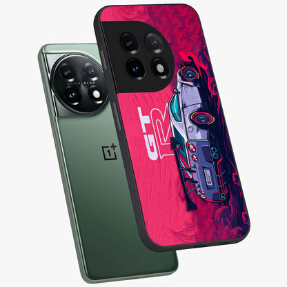 Gt R Car Pattern Glass Case for 1+11 angled mockup showcasing glossy finish and sporty detailing