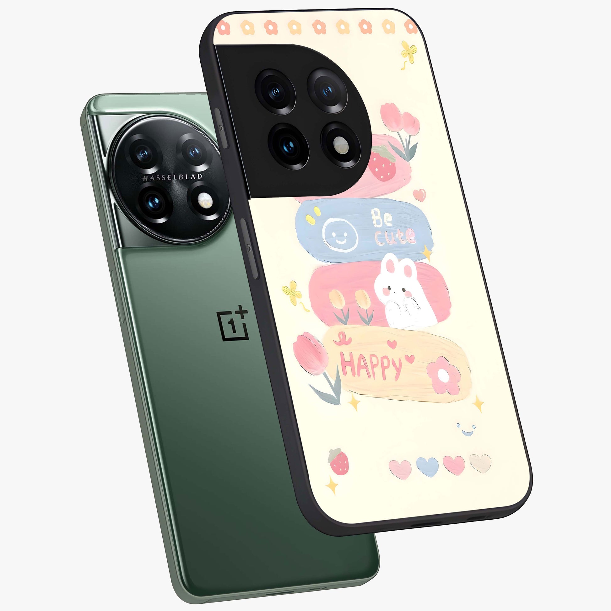 Happy Cute Bunny Glass Case for 1+11 angled mockup showcasing glossy finish and soft pastel tones