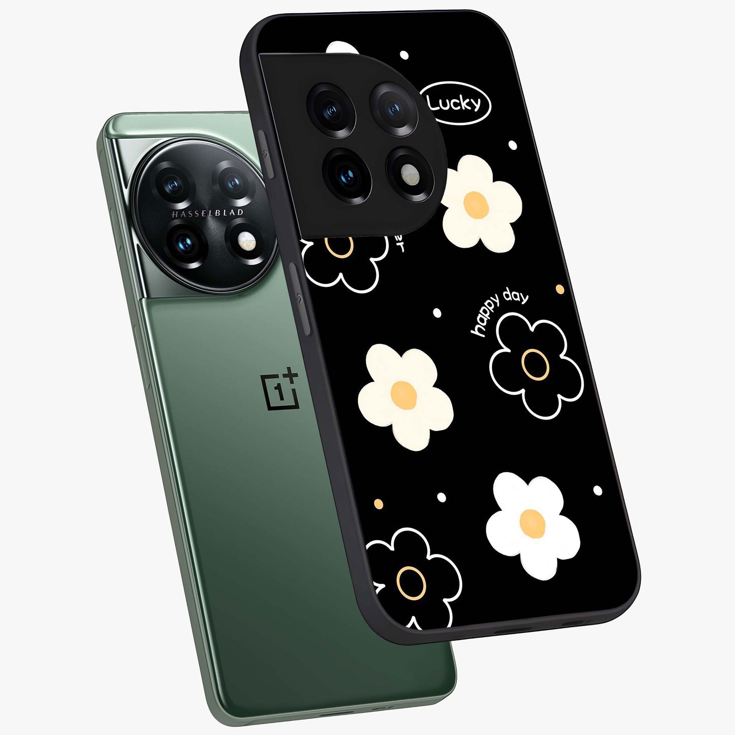 Happy Day Daisy Glass Case for 1+11 angled mockup showcasing glossy finish and vibrant bloom tones