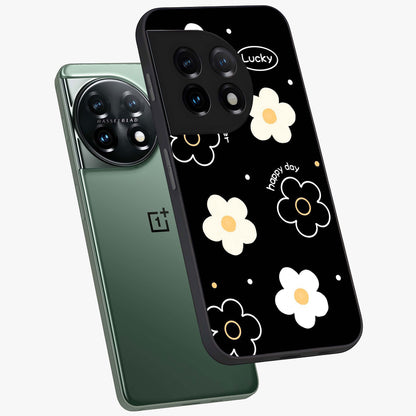 Happy Day Daisy Glass Case for 1+11 angled mockup showcasing glossy finish and vibrant bloom tones