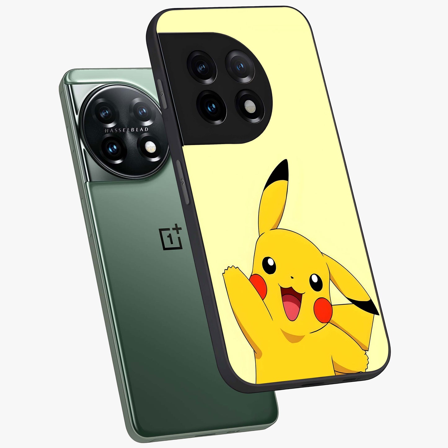 Happy Electric Pikachu Glass Case for 1+11 angled mockup showcasing glossy finish and vibrant yellow tones