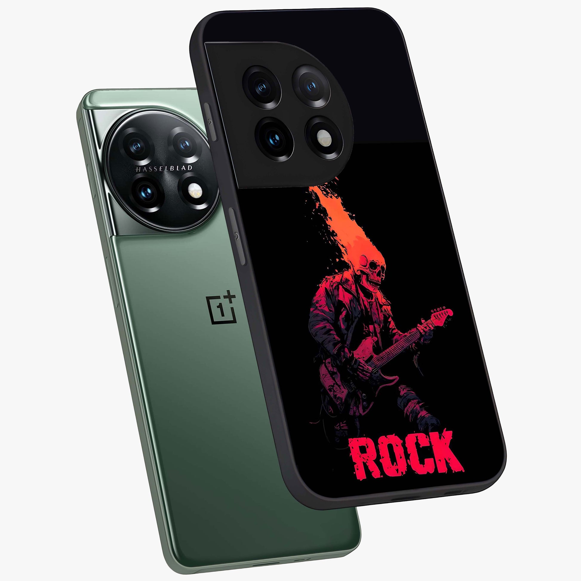 Hellfire Rock Anthem Glass Case for 1+11 captured at a warm angle highlighting bold flame tones, gloss, and edge clarity.
