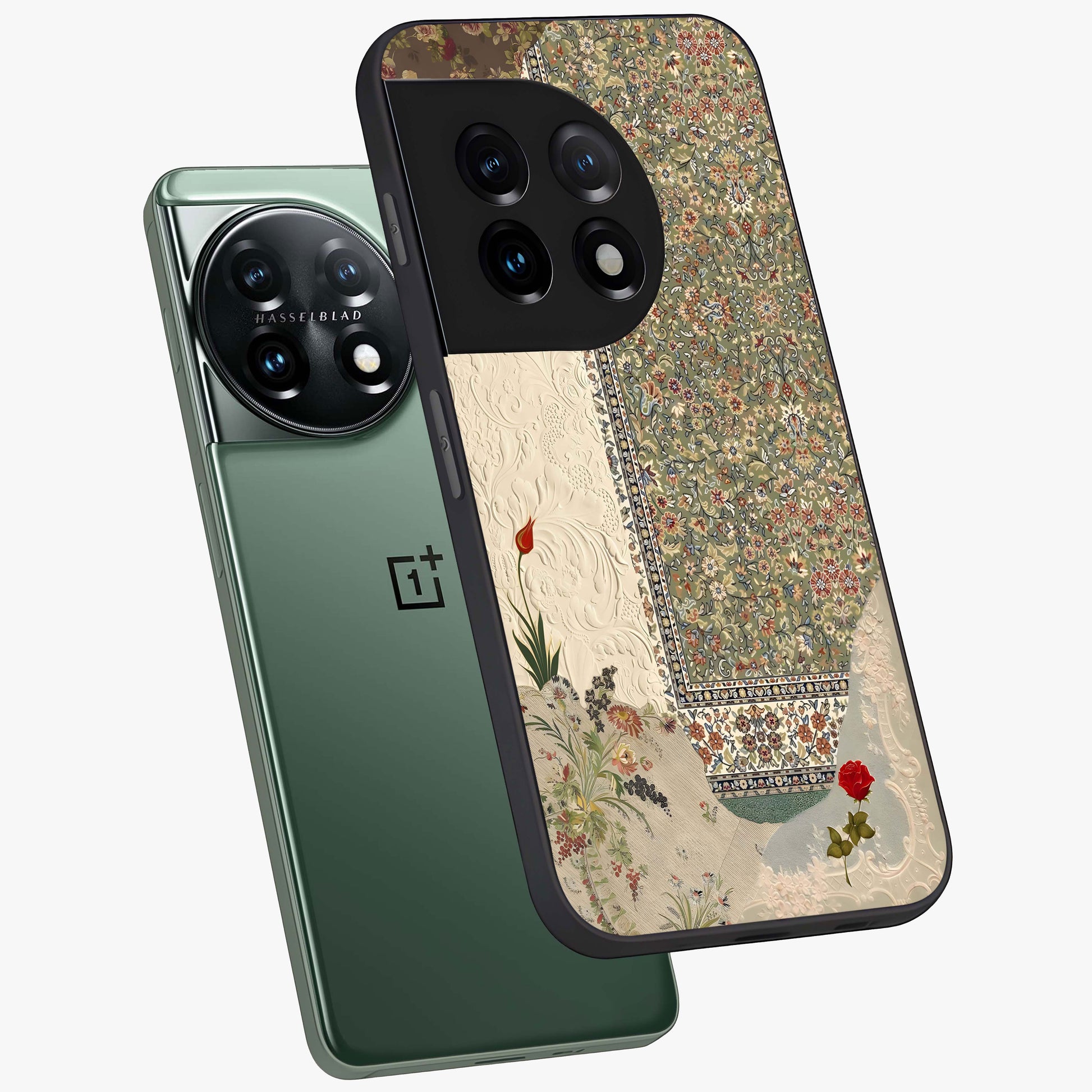 Heritage Textile Layers Glass Case for 1+11 captured at a warm angle highlighting rich fabric patterns, gloss, and edge clarity.
