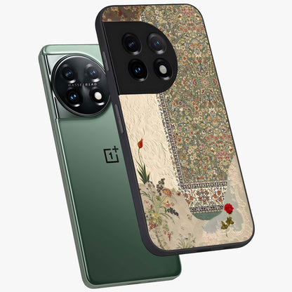 Heritage Textile Layers Glass Case for 1+11 captured at a warm angle highlighting rich fabric patterns, gloss, and edge clarity.