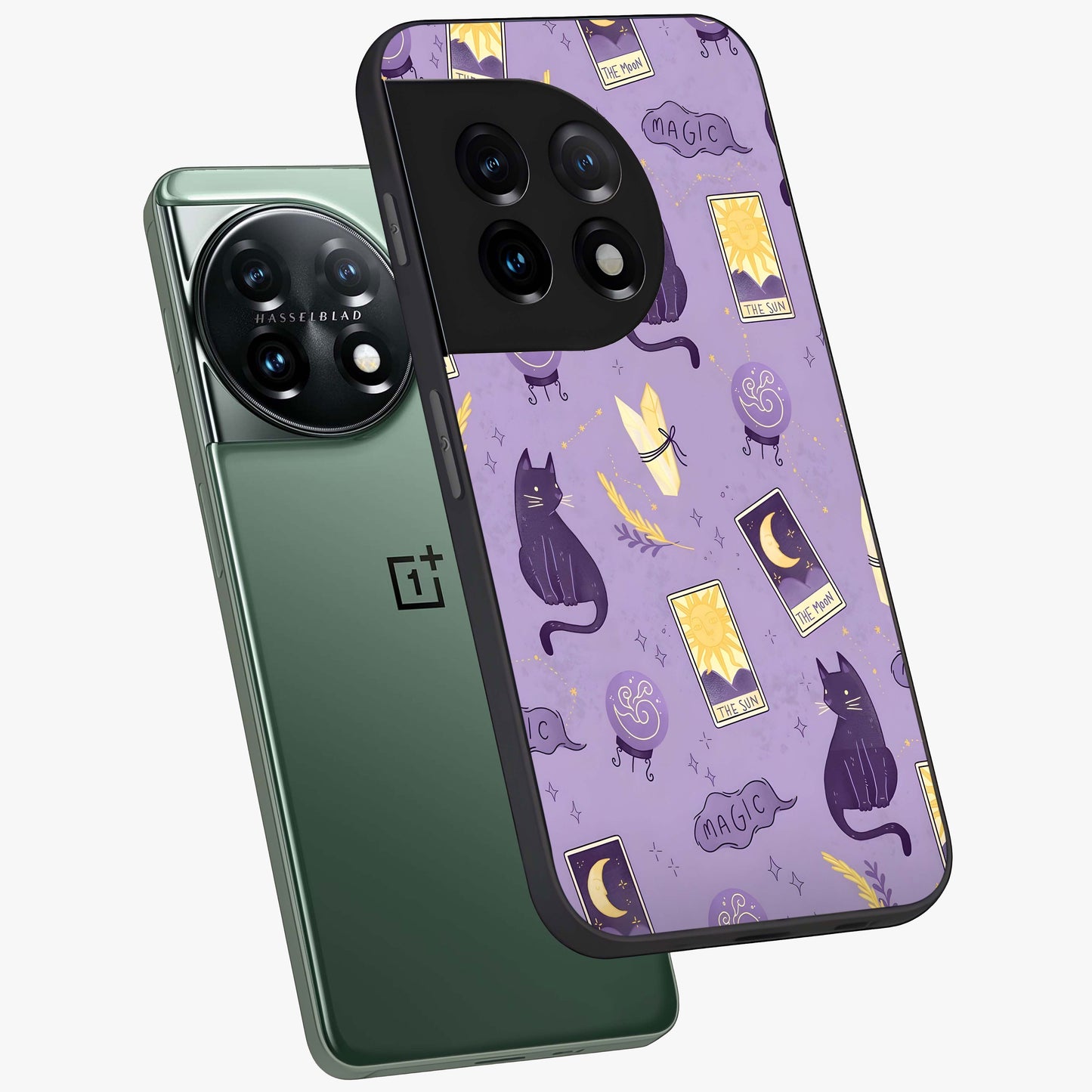 Humble Magic Cats Glass Case for 1+11 captured at a warm angle highlighting playful magical details, gloss, and edge clarity.