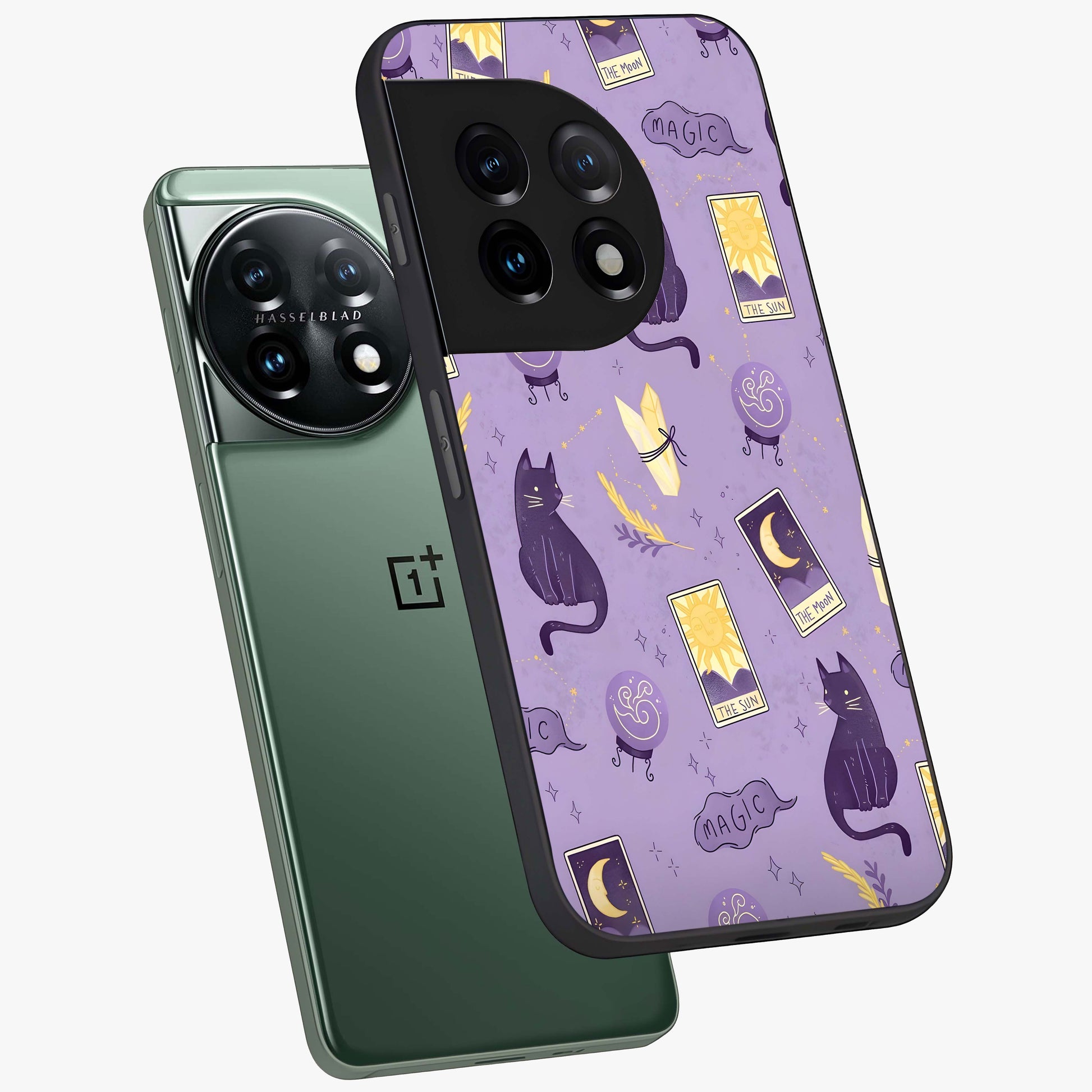 Humble Magic Cats Glass Case for 1+11 captured at a warm angle highlighting playful magical details, gloss, and edge clarity.
