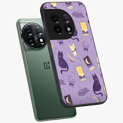 Humble Magic Cats Glass Case for 1+11 captured at a warm angle highlighting playful magical details, gloss, and edge clarity.
