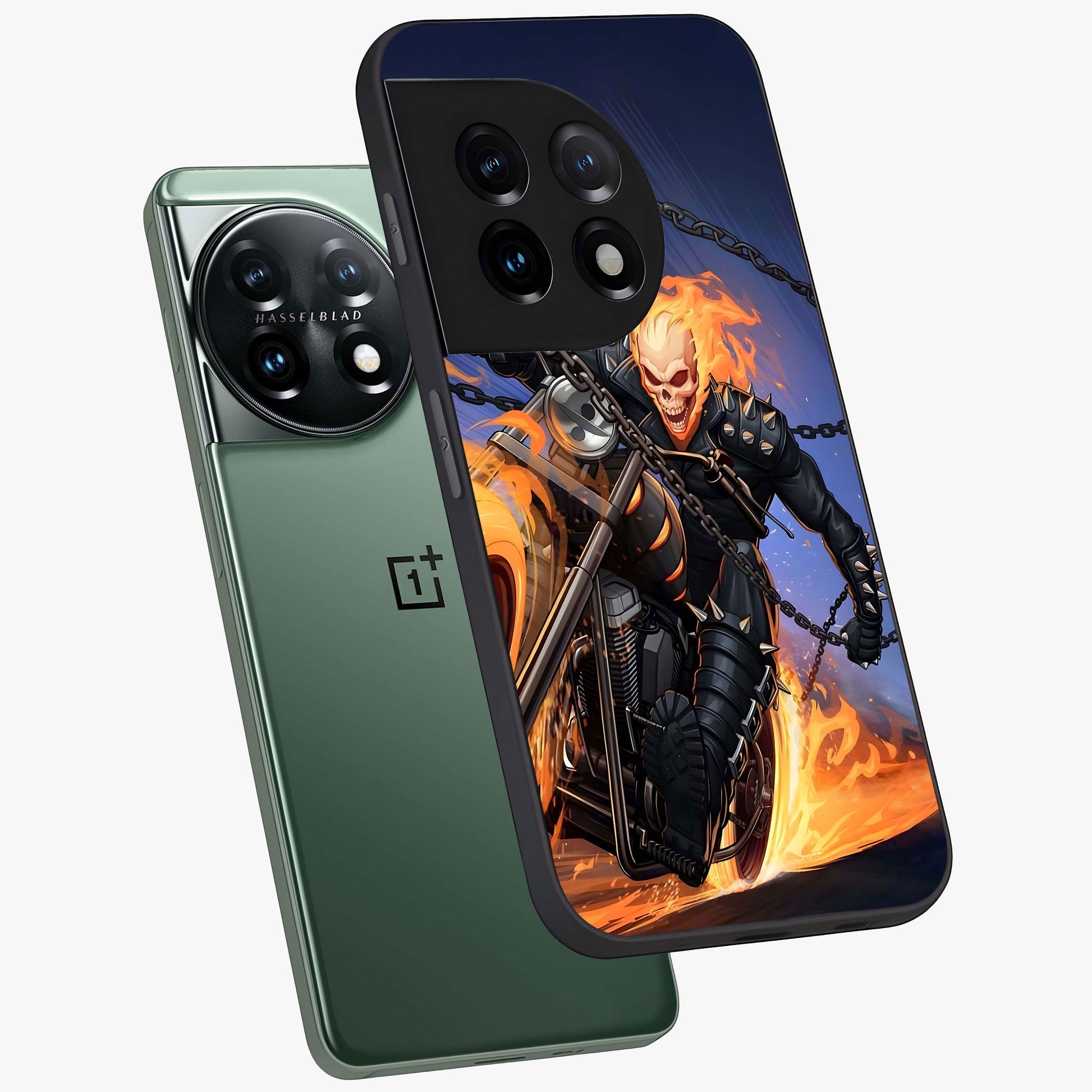 Inferno Chain Rider Glass Case for 1+11 captured at a warm angle highlighting intense flame details, gloss, and edge clarity.