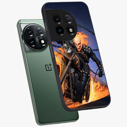 Inferno Chain Rider Glass Case for 1+11 captured at a warm angle highlighting intense flame details, gloss, and edge clarity.