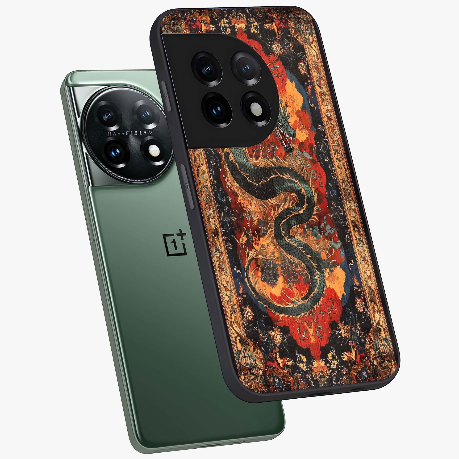 Inferno Dragon Soul Glass Case for 1+11 captured at a warm angle highlighting fierce fire tones, gloss, and edge clarity.