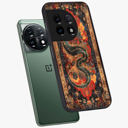Inferno Dragon Soul Glass Case for 1+11 captured at a warm angle highlighting fierce fire tones, gloss, and edge clarity.