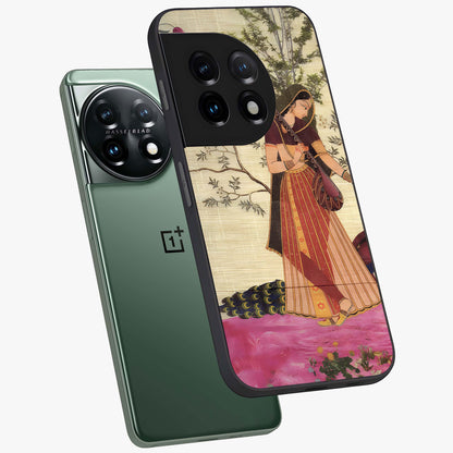 Lady With Veena Art Glass Case for 1+11 angled mockup showcasing glossy finish and refined artistic detailing
