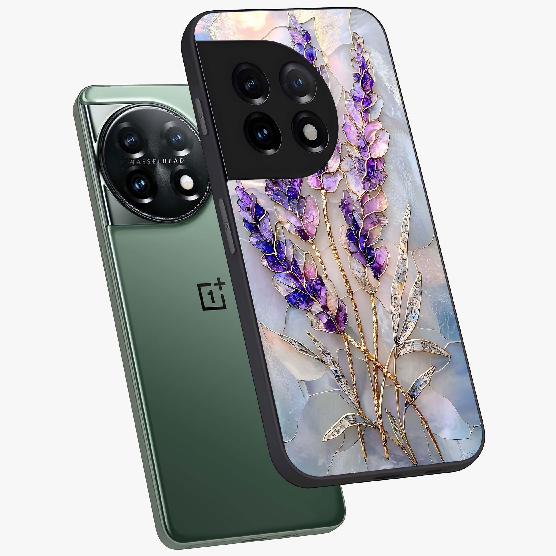 Lavender Dream Glow Glass Case for 1+11 angled mockup showcasing glossy finish and luminous purple gradients