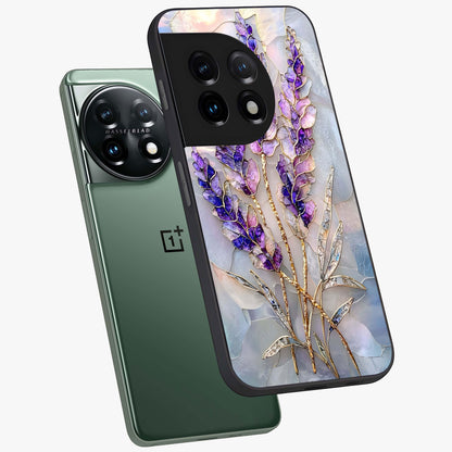 Lavender Dream Glow Glass Case for 1+11 angled mockup showcasing glossy finish and luminous purple gradients