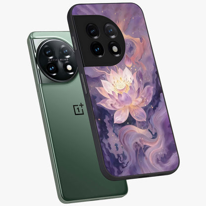 Lavender Lotus Muse Glass Case for 1+11 angled mockup showcasing glossy finish and refined floral detailing