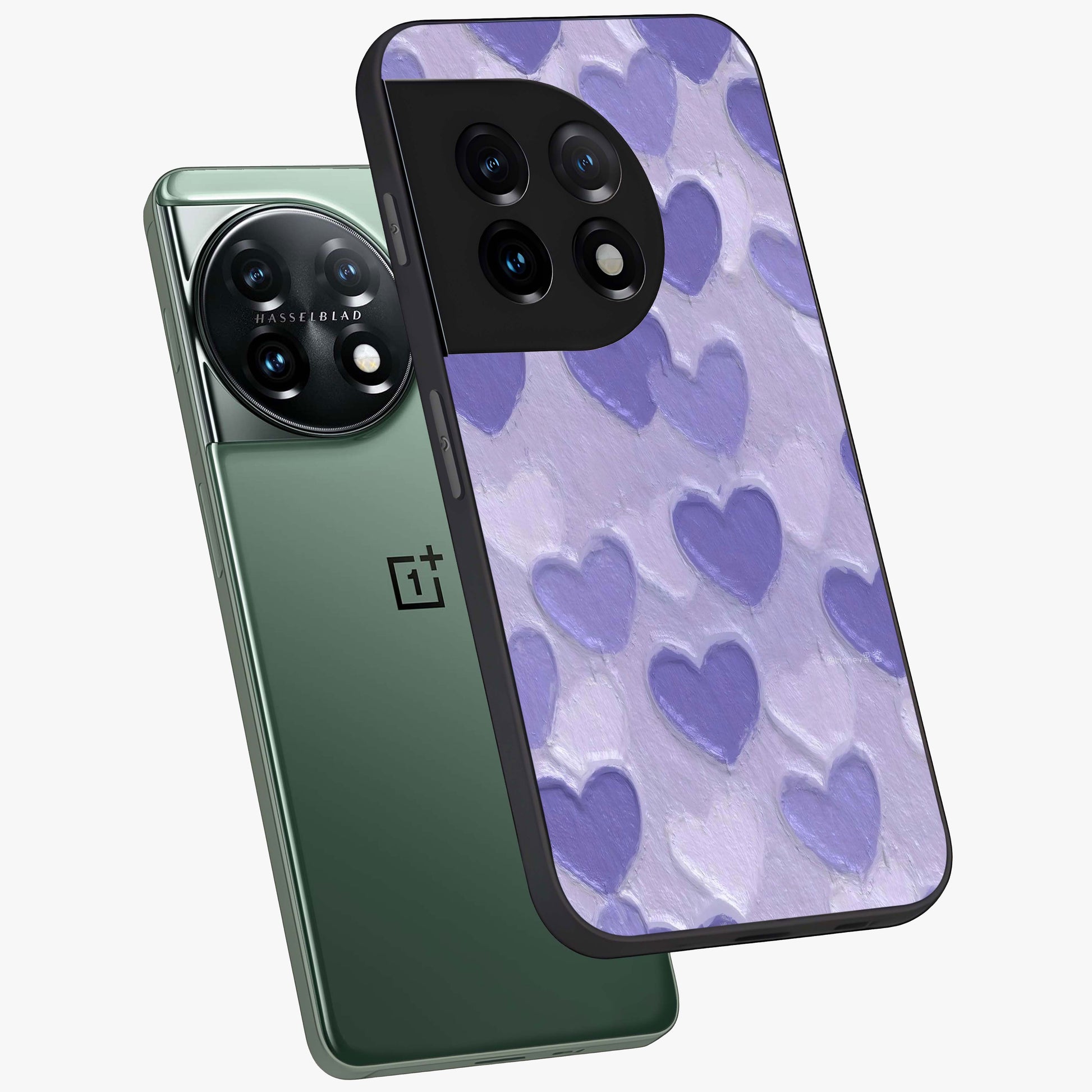 Lavender Paper Hearts Glass Case for 1+11 angled mockup showcasing glossy finish and playful pastel detailing