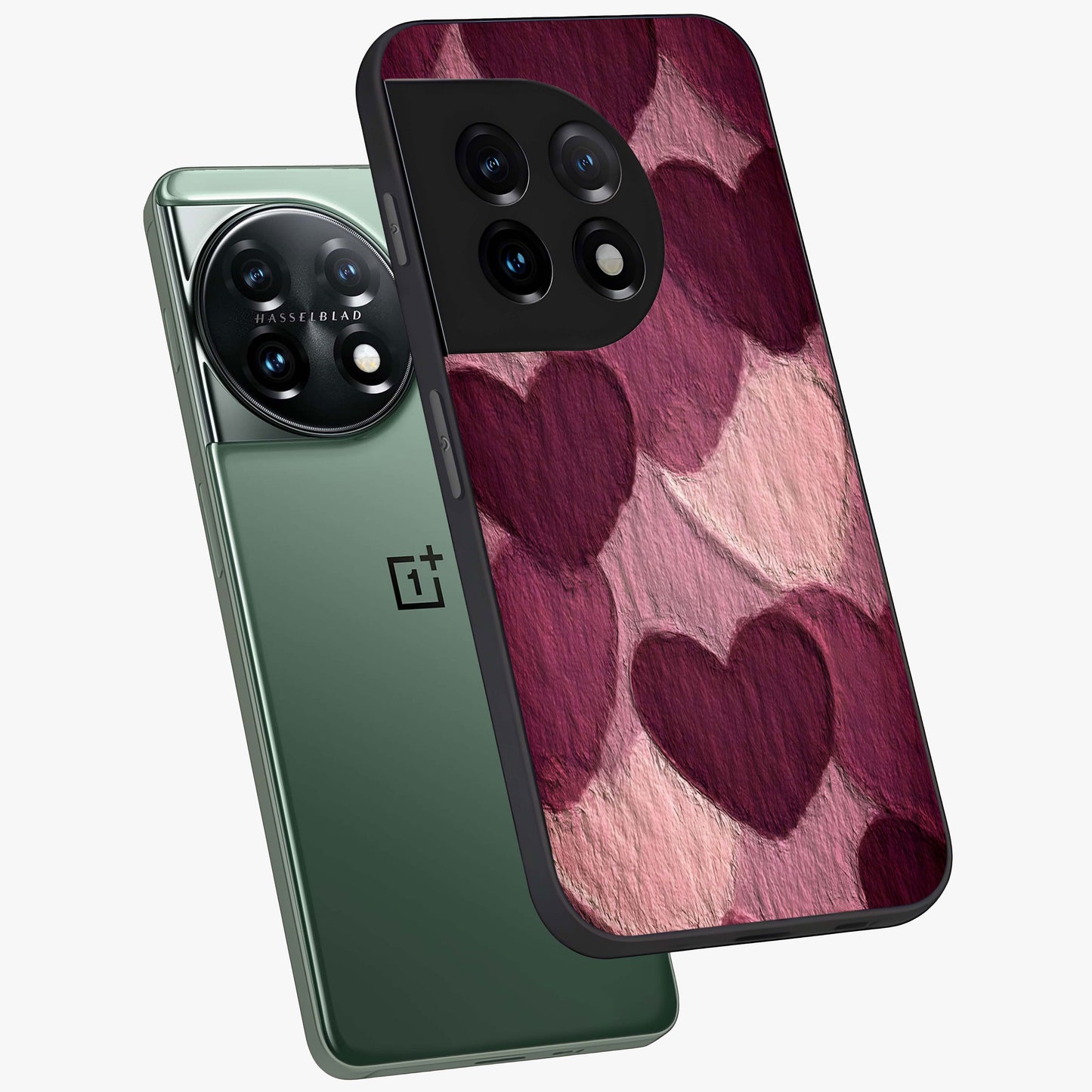 Layered Paper Hearts Glass Case for 1+11 angled mockup showcasing glossy finish and soft romantic tones