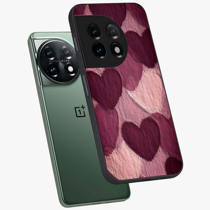 Layered Paper Hearts Glass Case for 1+11 angled mockup showcasing glossy finish and soft romantic tones