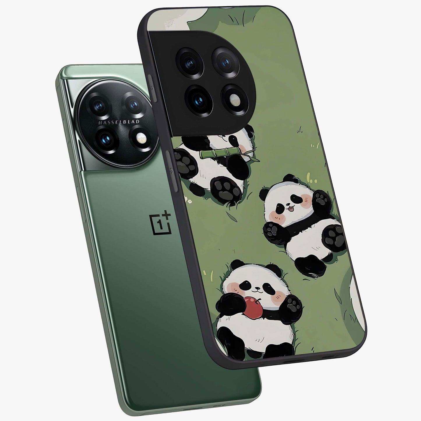 Lazy Panda Picnic Glass Case for 1+11 angled mockup showcasing glossy finish and vibrant cartoon detailing