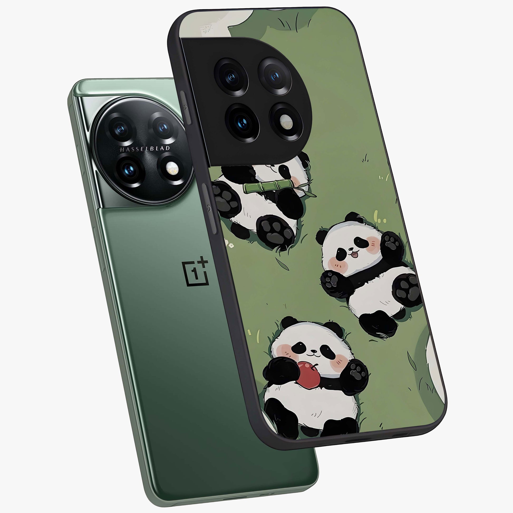Lazy Panda Picnic Glass Case for 1+11 angled mockup showcasing glossy finish and vibrant cartoon detailing