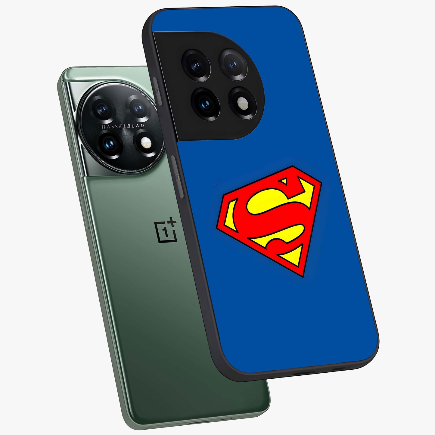 Legendary Hero Emblem Glass Case for 1+11 angled mockup showcasing glossy glass finish and strong graphic detailing