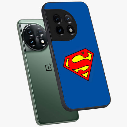 Legendary Hero Emblem Glass Case for 1+11 angled mockup showcasing glossy glass finish and strong graphic detailing