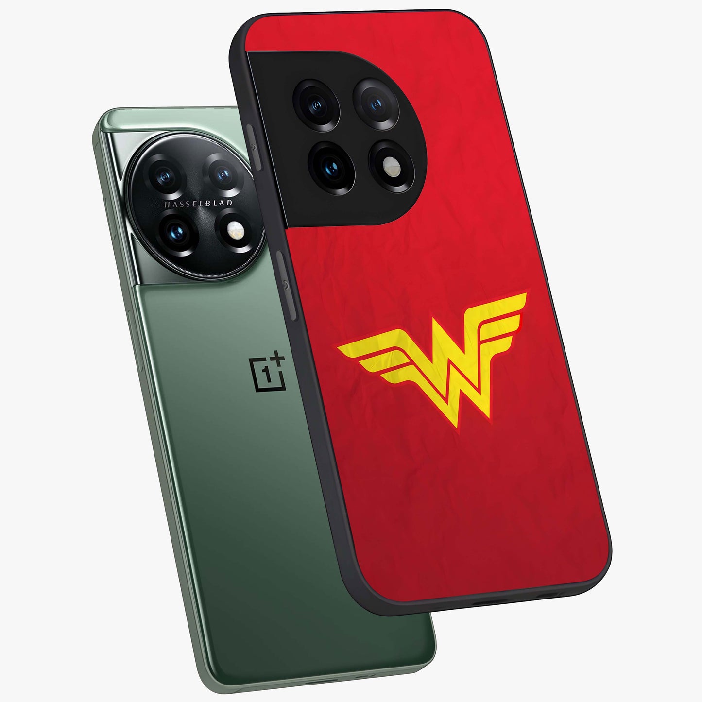Legendary Wonder Power Glass Case for 1+11 angled mockup showcasing glossy finish and vibrant power tones