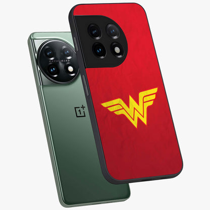 Legendary Wonder Power Glass Case for 1+11 angled mockup showcasing glossy finish and vibrant power tones