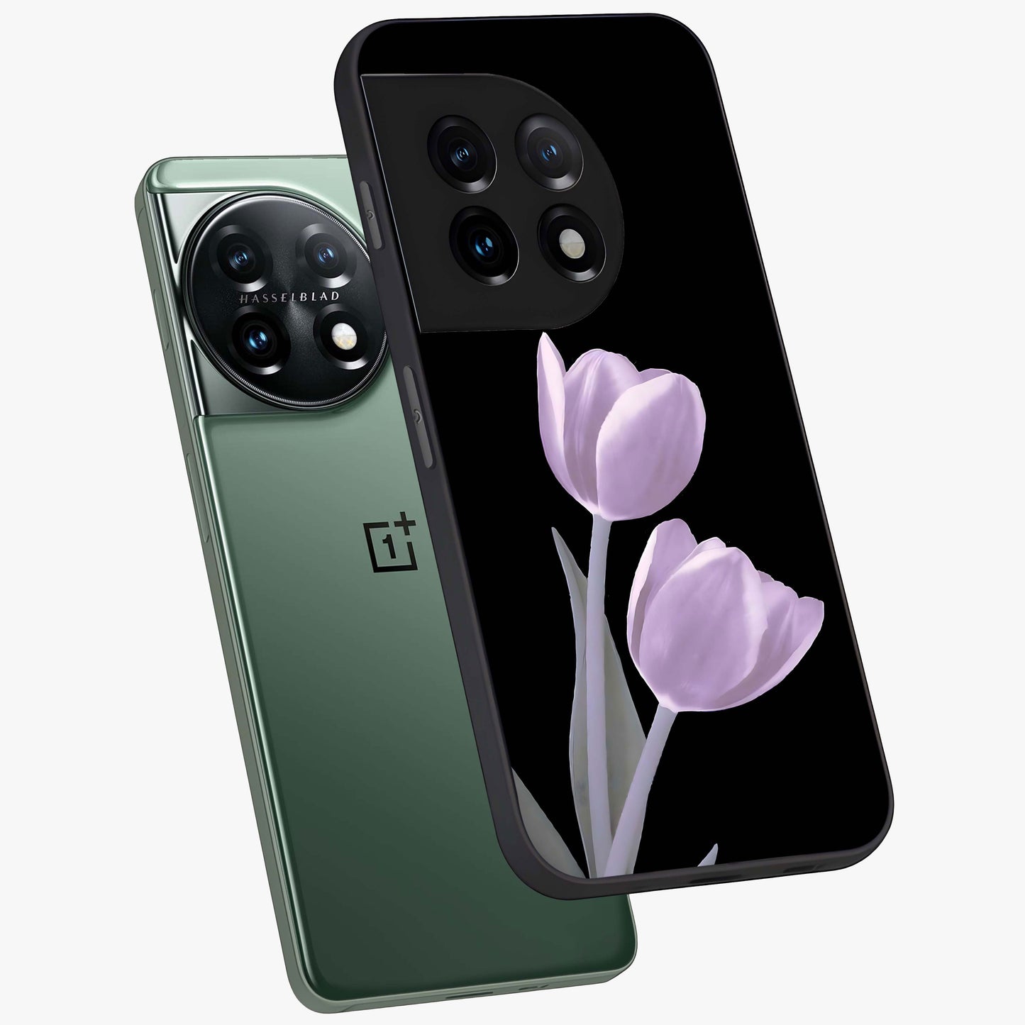 Lilac Tulip Flowers Glass Case for 1+11 angled mockup showcasing glossy finish and delicate bloom detailing