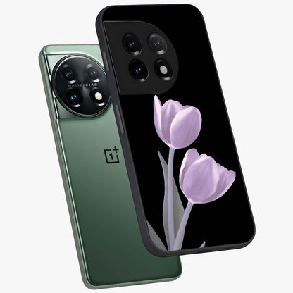 Lilac Tulip Flowers Glass Case for 1+11 angled mockup showcasing glossy finish and delicate bloom detailing