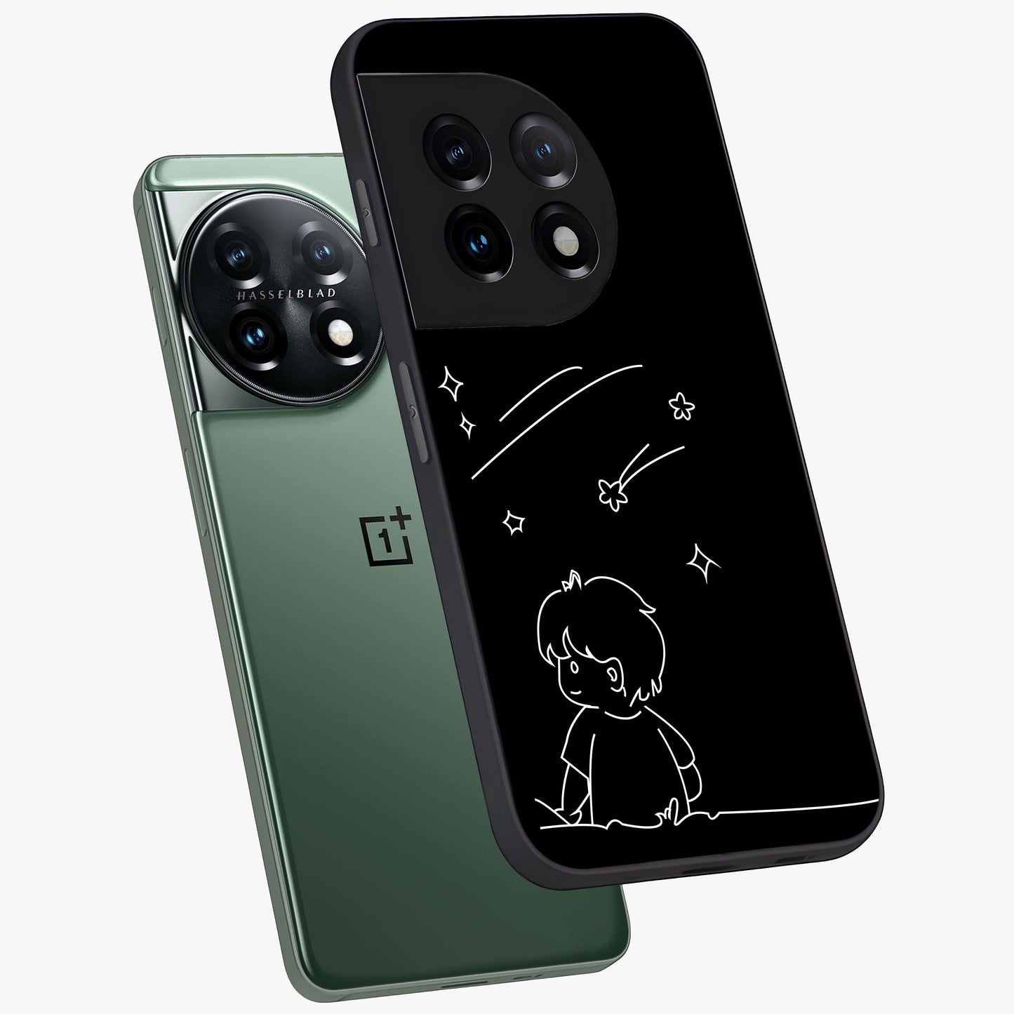 Line Art Boy With Shooting Stars Glass Case for 1+11 angled mockup showcasing glossy finish and clean monochrome detailing