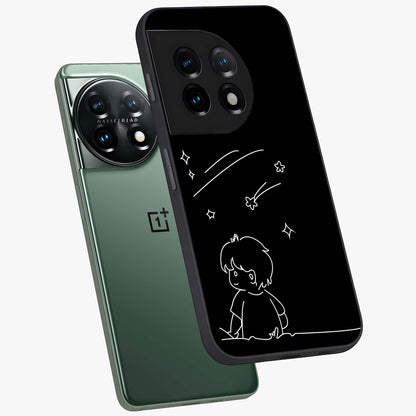 Line Art Boy With Shooting Stars Glass Case for 1+11 angled mockup showcasing glossy finish and clean monochrome detailing