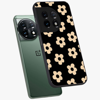 Little Daisy Flower Retro Pattern Glass Case for 1+11 angled mockup showcasing glossy finish and vintage bloom tones