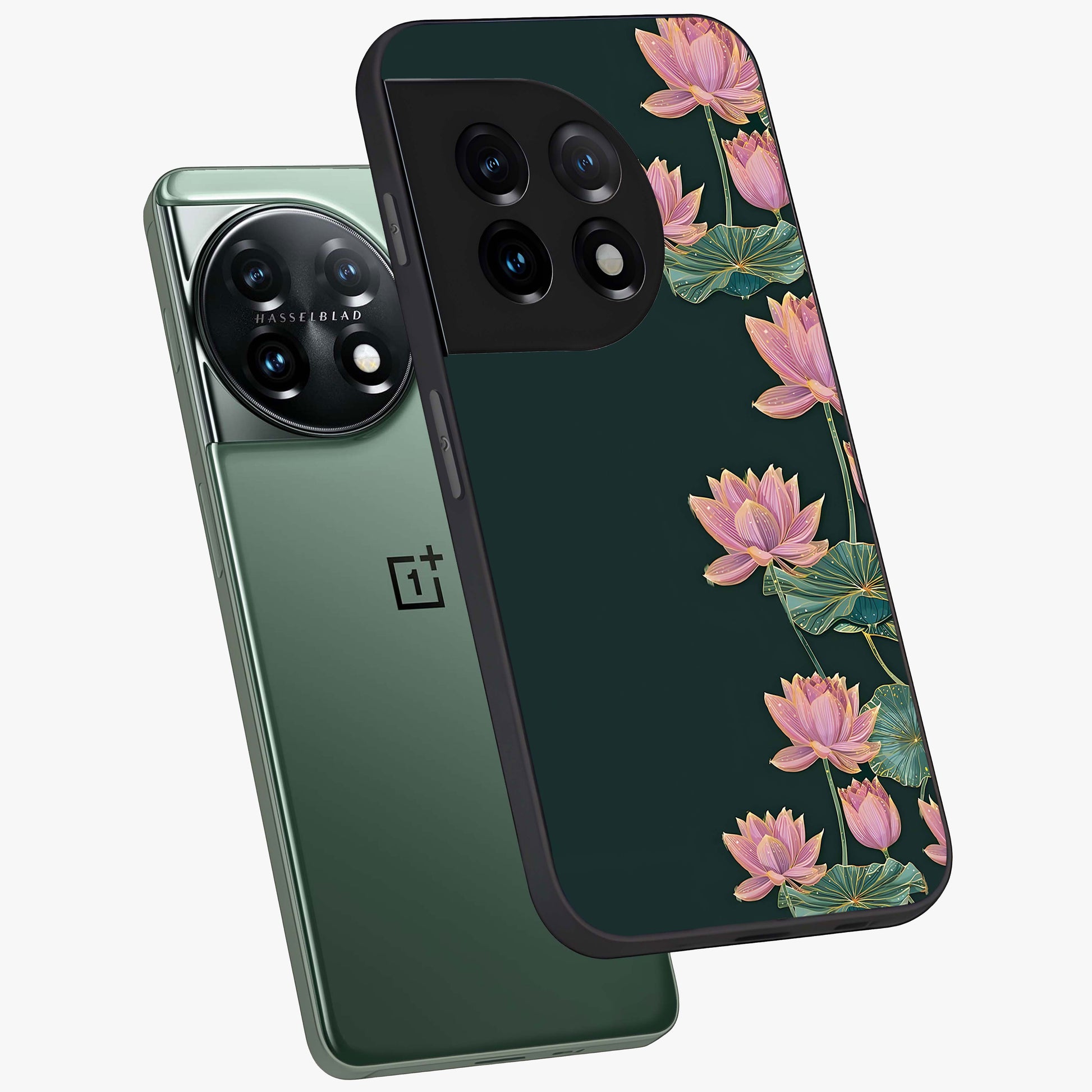 Lotus Bloom Serenity Glass Case for 1+11 angled mockup showcasing glossy glass finish and calming tones