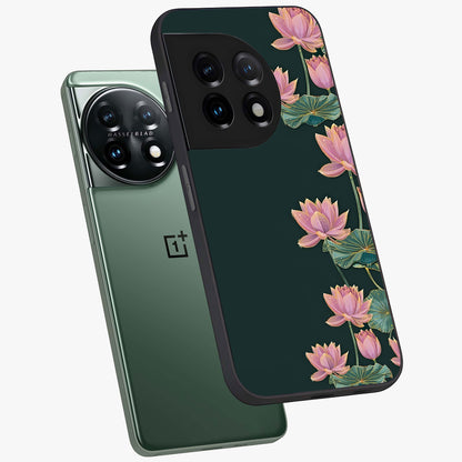 Lotus Bloom Serenity Glass Case for 1+11 angled mockup showcasing glossy glass finish and calming tones