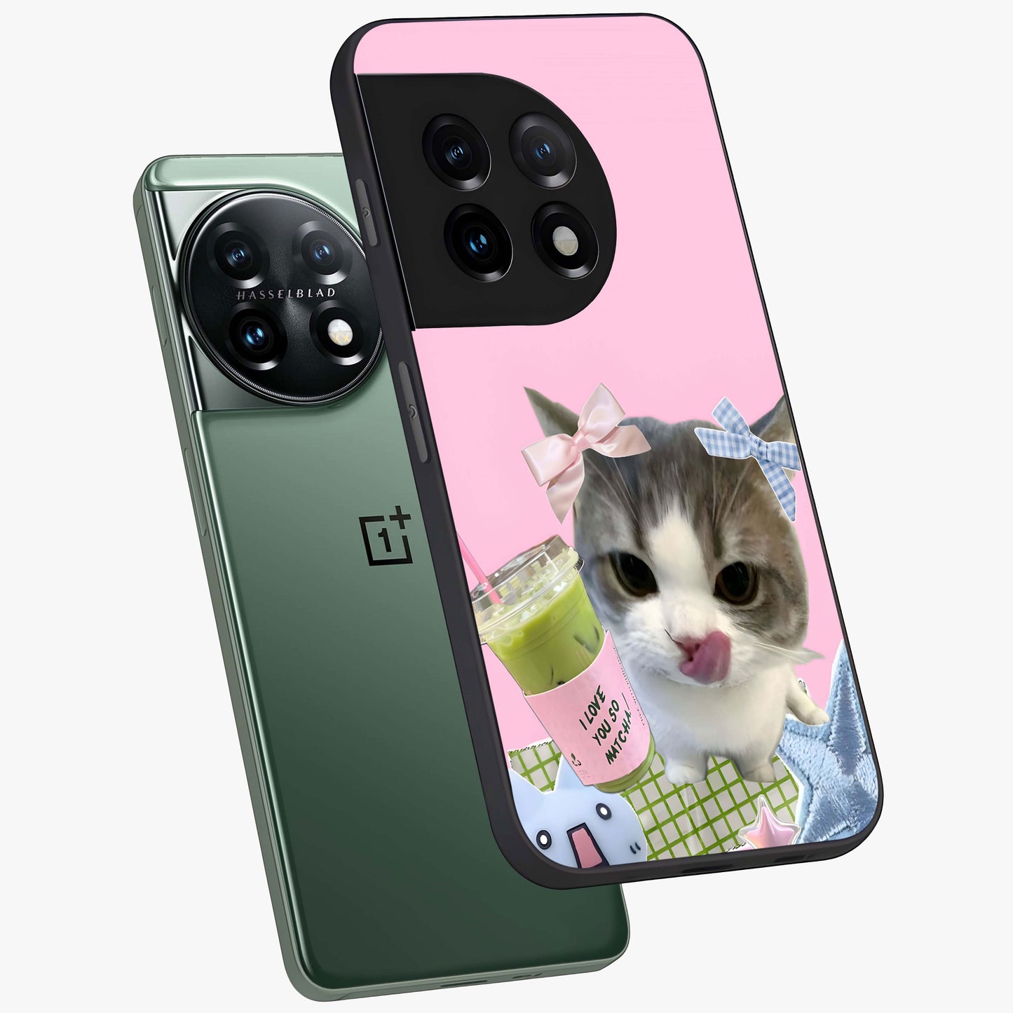 Love Matcha Cat Glass Case for 1+11 angled mockup showcasing glossy finish and playful pastel tones