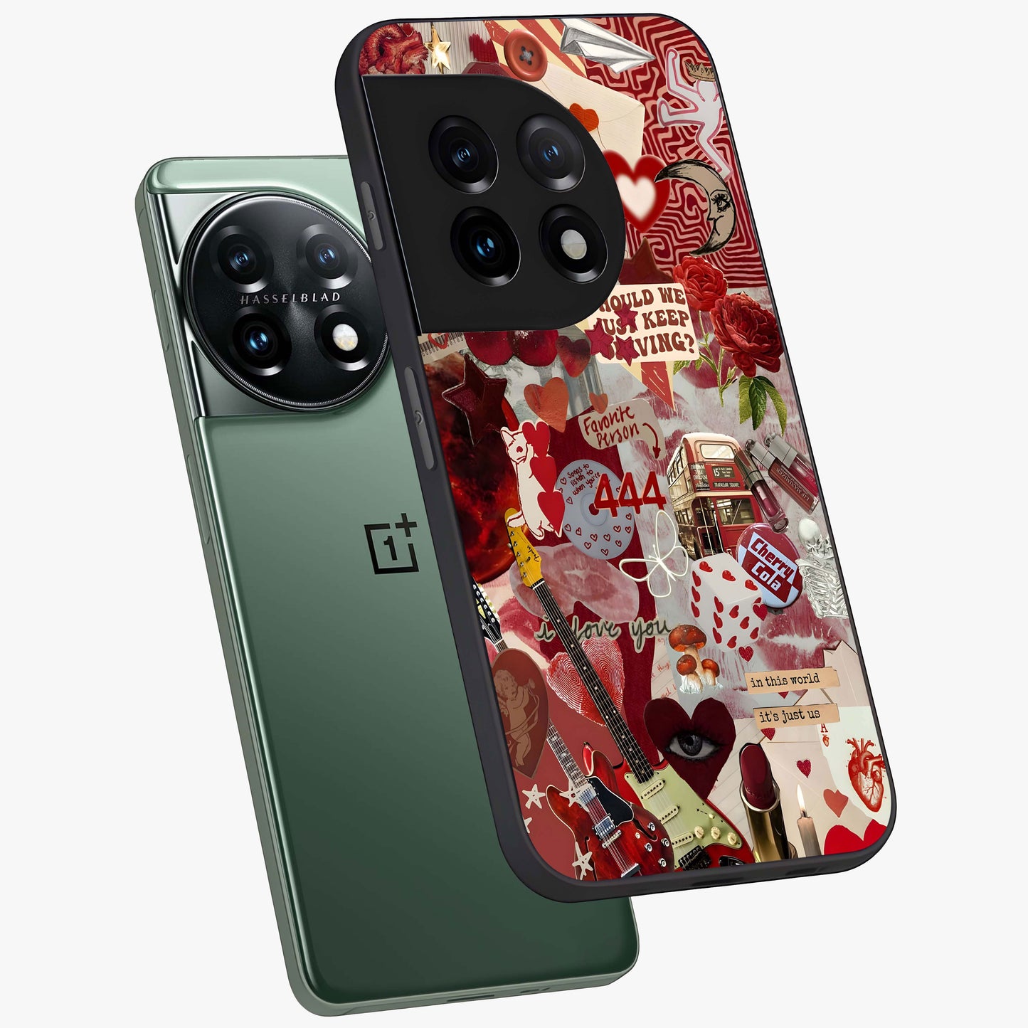 Lover’S Red Chaos Glass Case for 1+11 angled mockup showcasing glossy finish and dramatic crimson tones