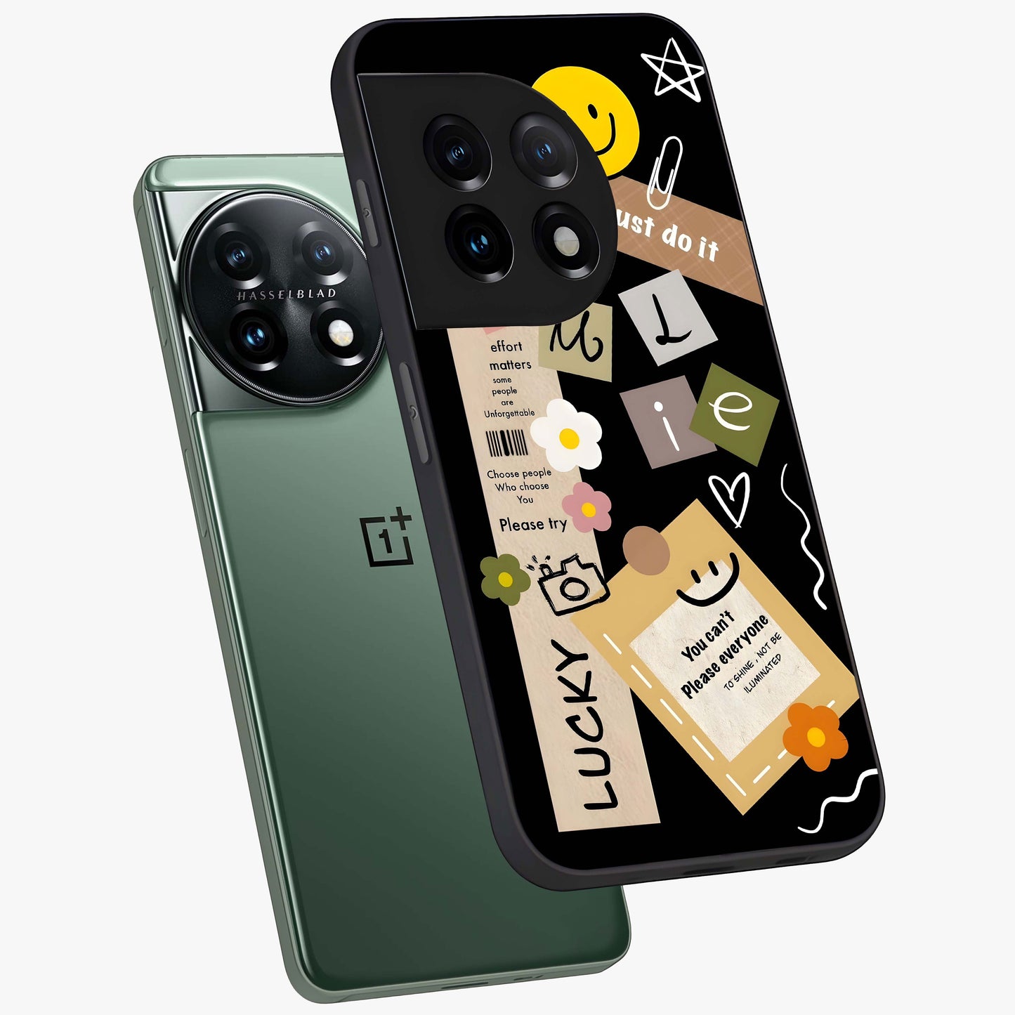 Lucky Aesthetic Collage Case Glass Case for 1+11 angled mockup showcasing glossy finish and colorful textures