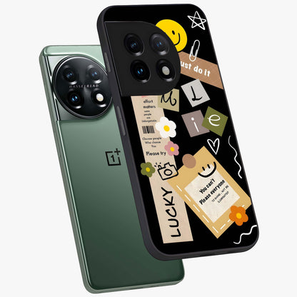 Lucky Aesthetic Collage Case Glass Case for 1+11 angled mockup showcasing glossy finish and colorful textures
