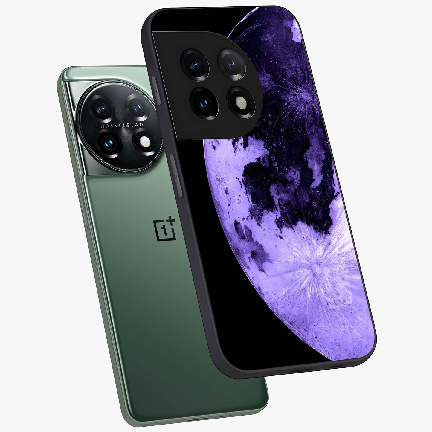 Lunar Glow in Violet Glass Case for 1+11 angled mockup showcasing glossy finish and soft purple gradients