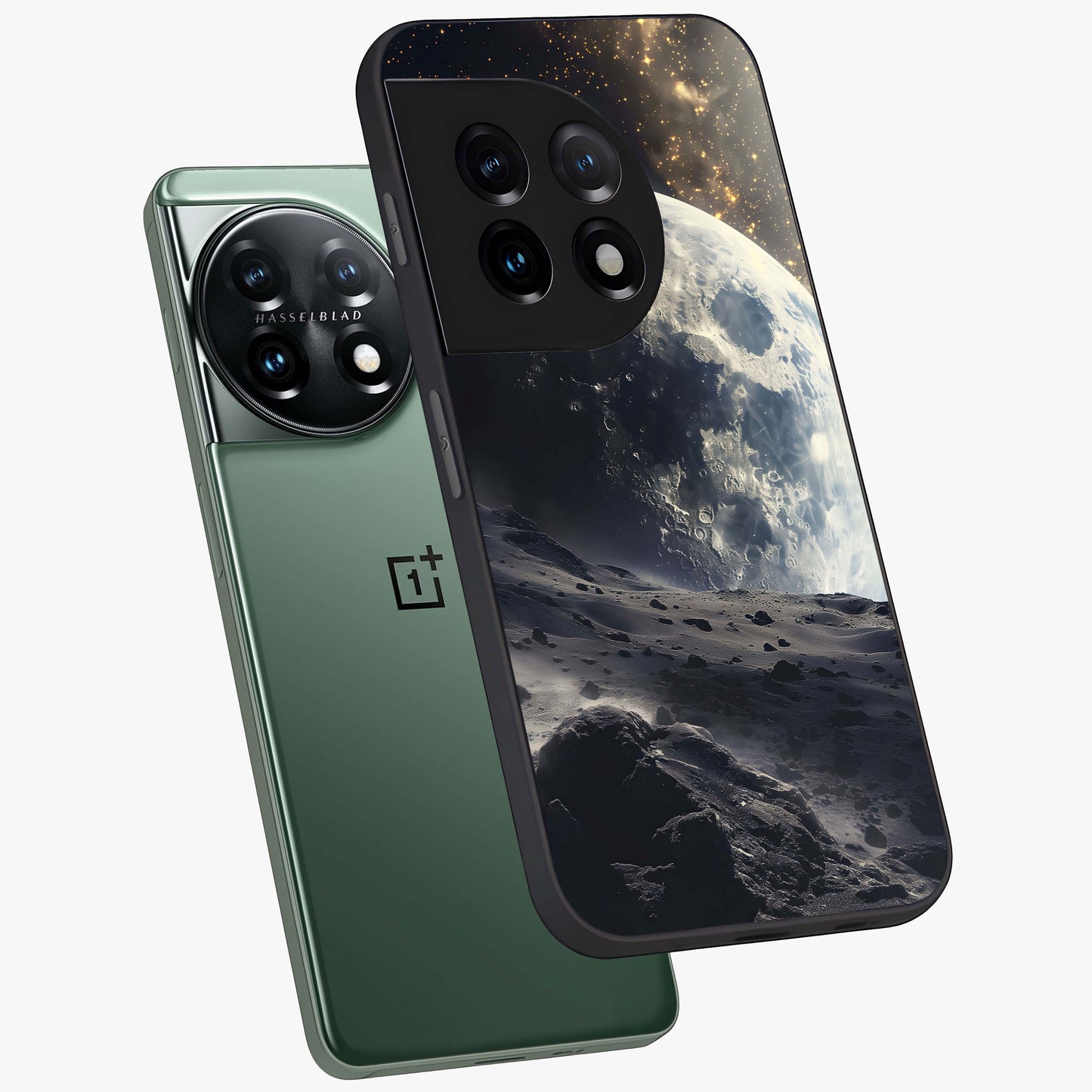 Lunar Horizon Glow Glass Case for 1+11 angled mockup showcasing glossy finish and warm night tones